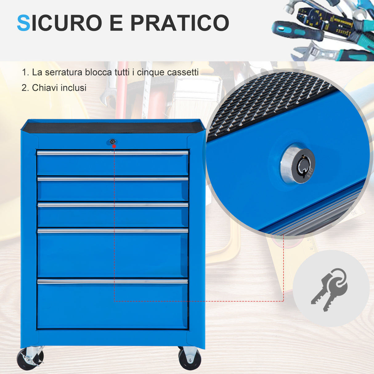 easycomfort easycomfort carrello porta utensili da officina con cassettiera azzurro 61.5 x 33 x 85cm