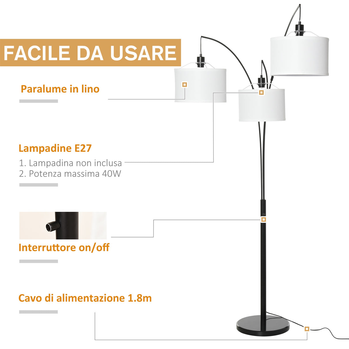 easycomfort easycomfort lampada da terra 3 luci e braccia flessibili base in marmo altezza 205cm ean 8055776913513