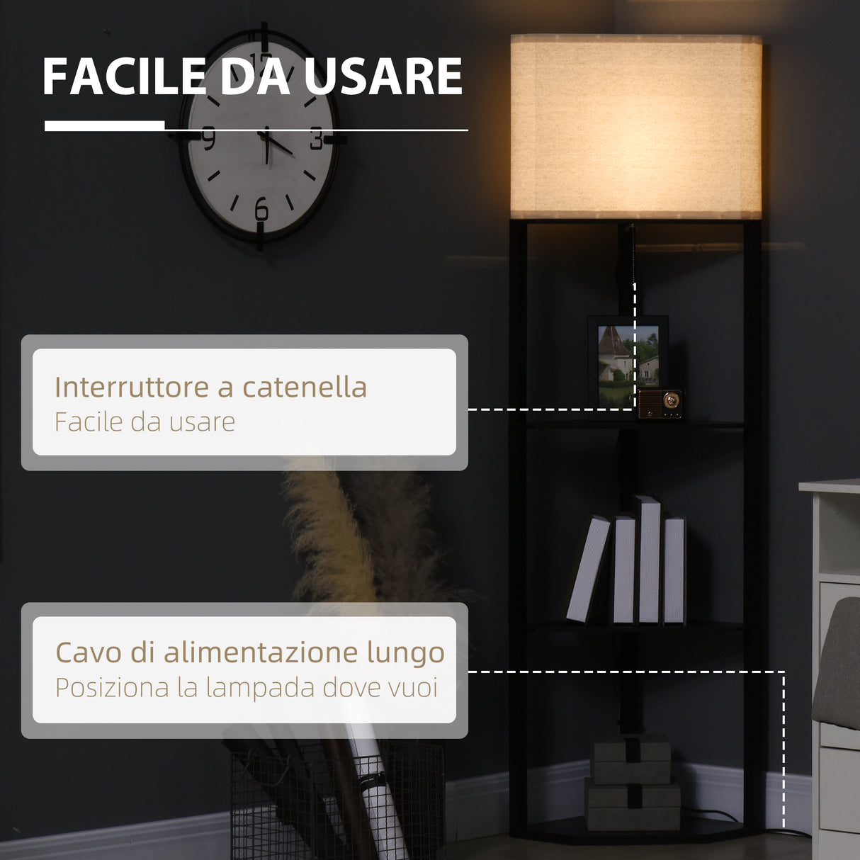 easycomfort easycomfort lampada da terra angolare con ripiani e paralume in tessuto 50x37x159cm nero