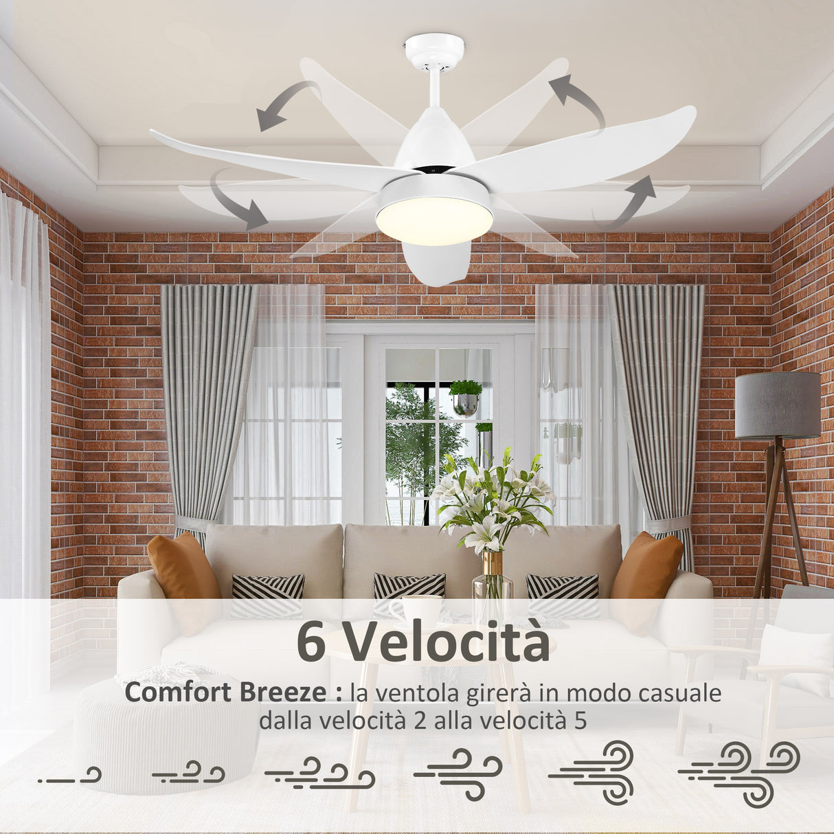 easycomfort ventilatore da soffitto 3 lame con luce led e telecomando incluso 6 velocita per interni 122x45cm bianco