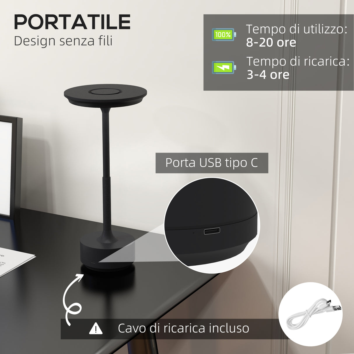 easycomfort easycomfort lampada senza filo touch luce led 3 tonalita e batteria ricaricabile 13x28 5cm nero