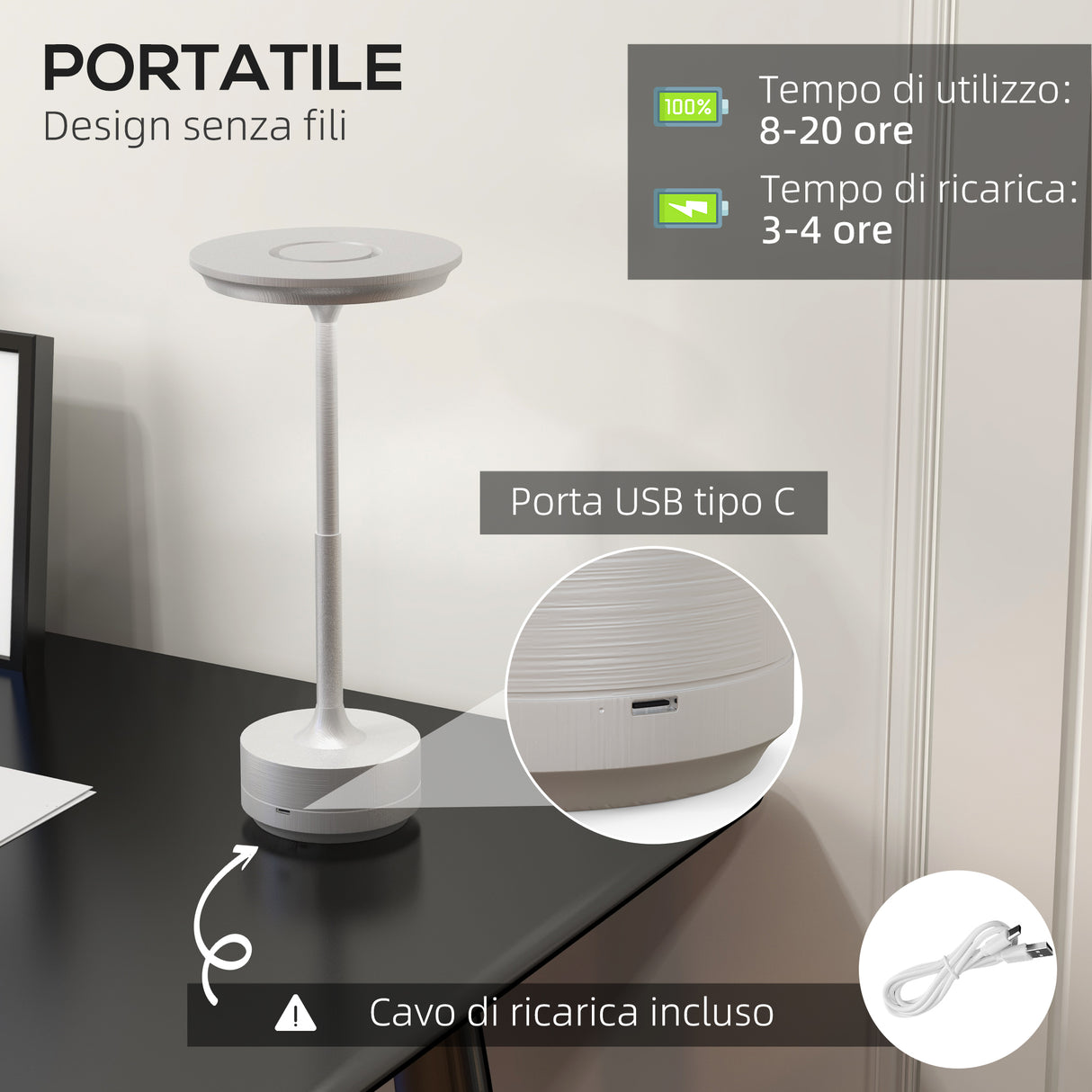 easycomfort easycomfort lampada senza filo touch luce led 3 tonalita e batteria ricaricabile 13x28 5cm argento