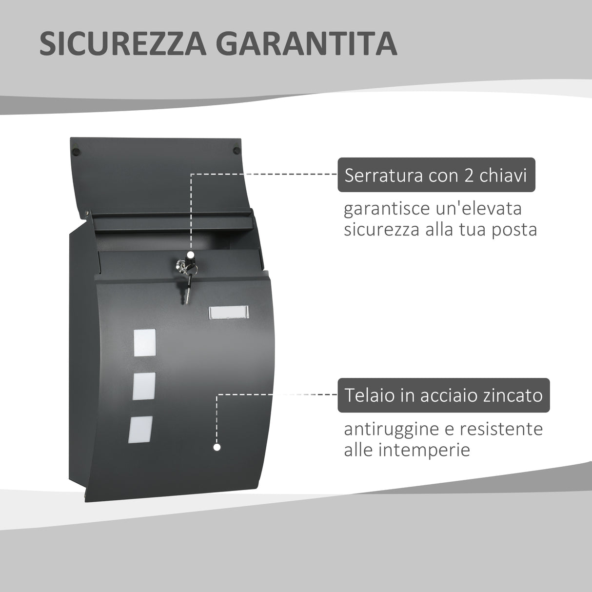 easycomfort cassetta postale ricurva in acciaio con 3 fessure e 2 chiavi di sicurezza 45x10x32 cm grigio