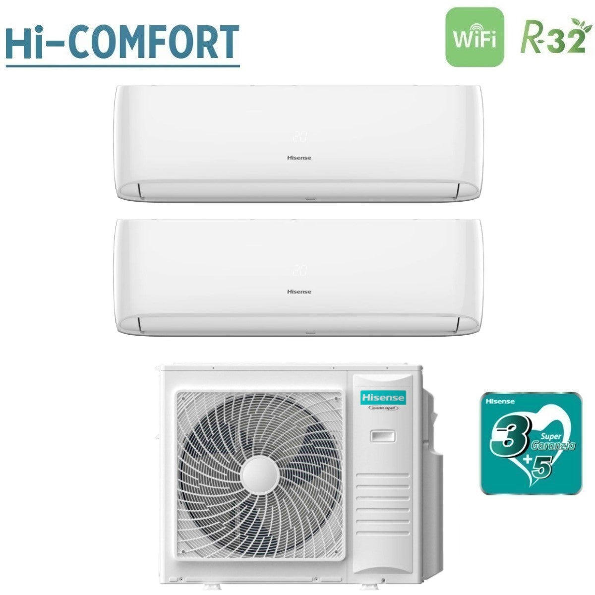 climatizzatore condizionatore hisense dual split inverter serie hi comfort 18_18 con 4amw105u4raa r 32 wi fi integrato 18000_18000 novita