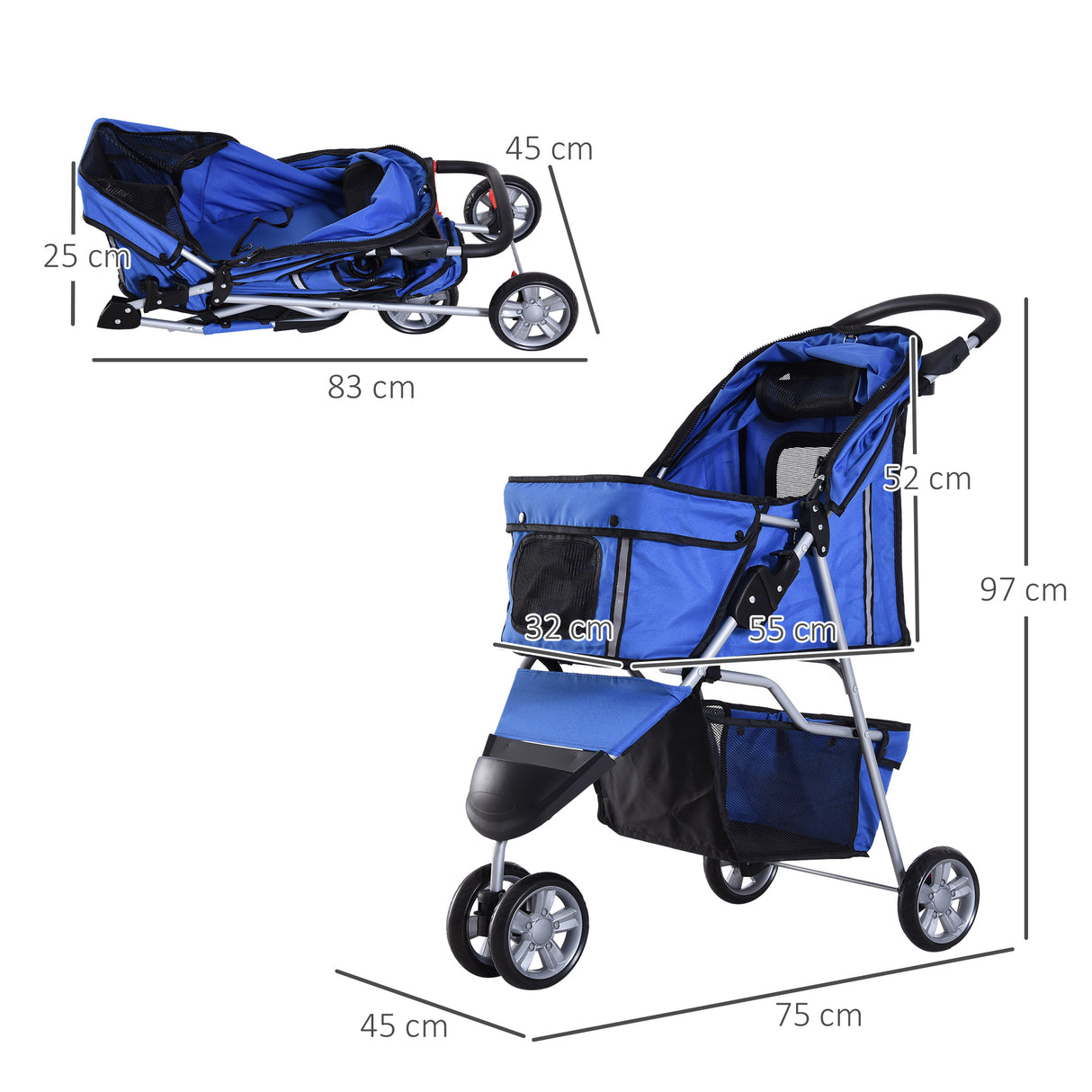 easycomfort easycomfort passeggino per cani carrello per animali domestici blu 75 x 45 x 97cm