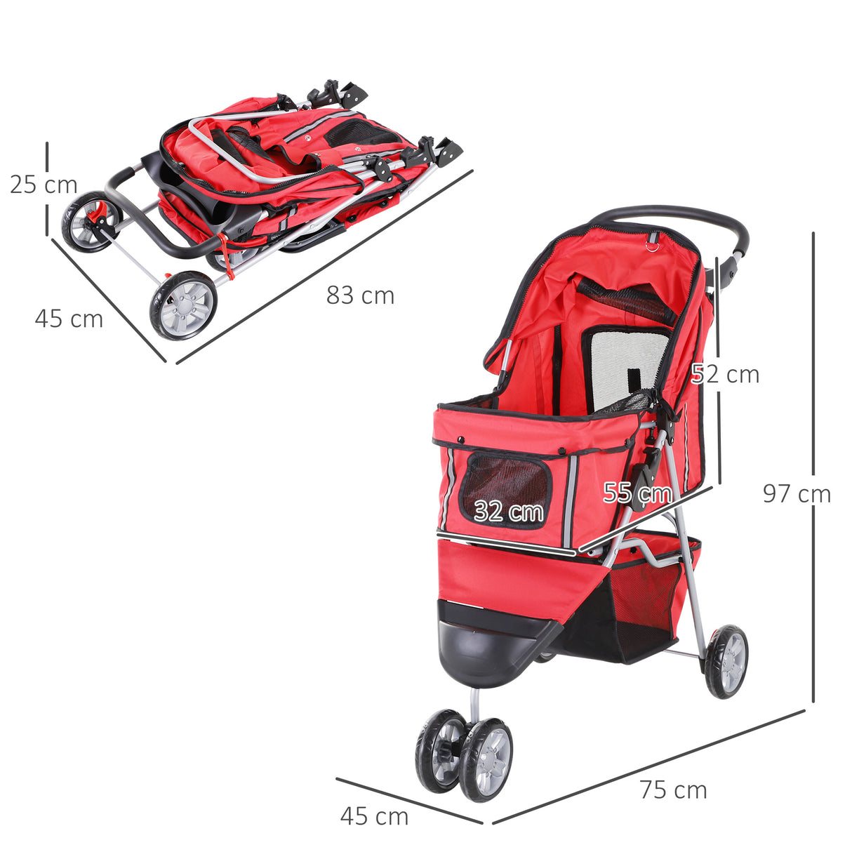 easycomfort easycomfort passeggino per cani carrello per animali domestici rosso 75x45x97cm