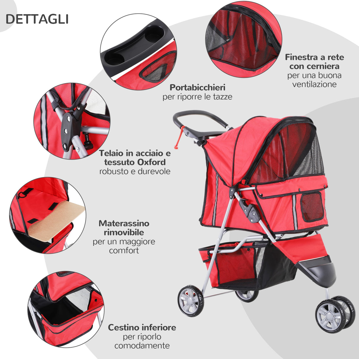 easycomfort easycomfort passeggino per cani carrello per animali domestici rosso 75x45x97cm