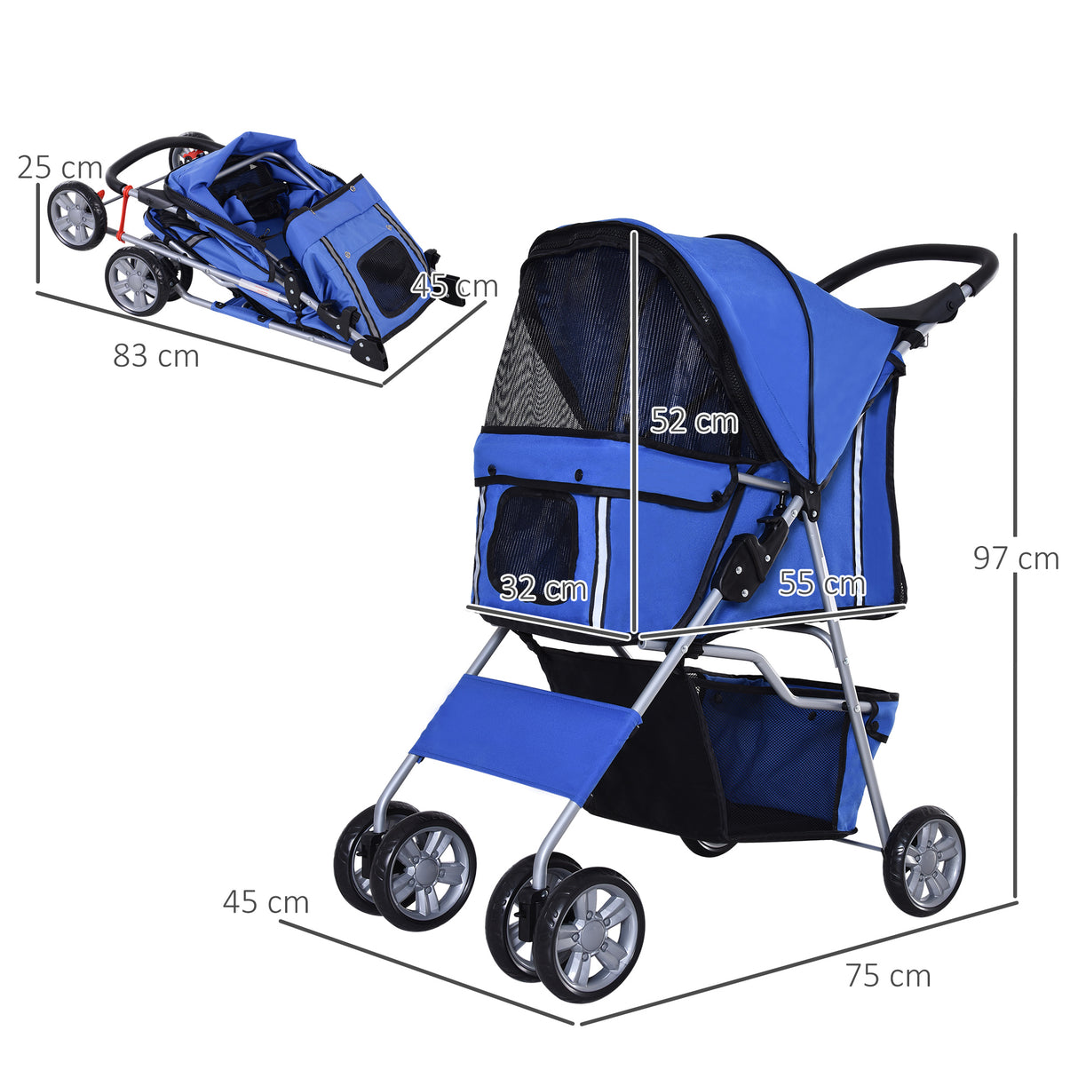easycomfort easycomfort passeggino per cani pieghevole in tessuto con cestino e portabicchieri 75x45x97 cm blu