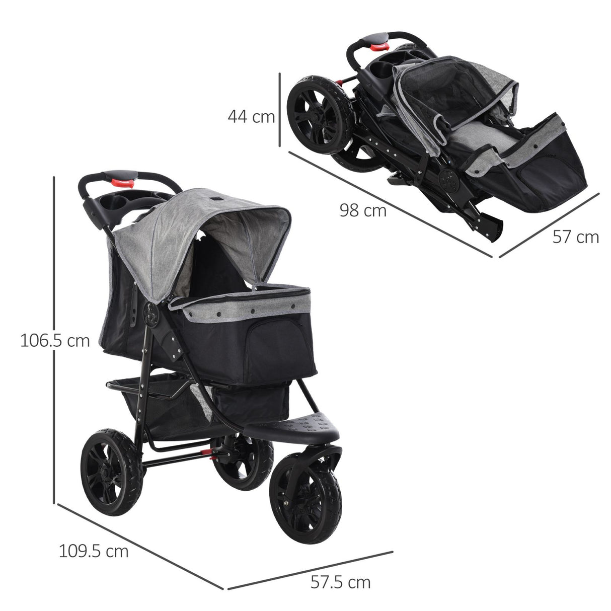 easycomfort passeggino per cani pieghevole a 3 ruote con freno cestino portaoggetti e porta bottiglia in acciaio e oxford grigio e nero 109.5x54.5x106.5cm