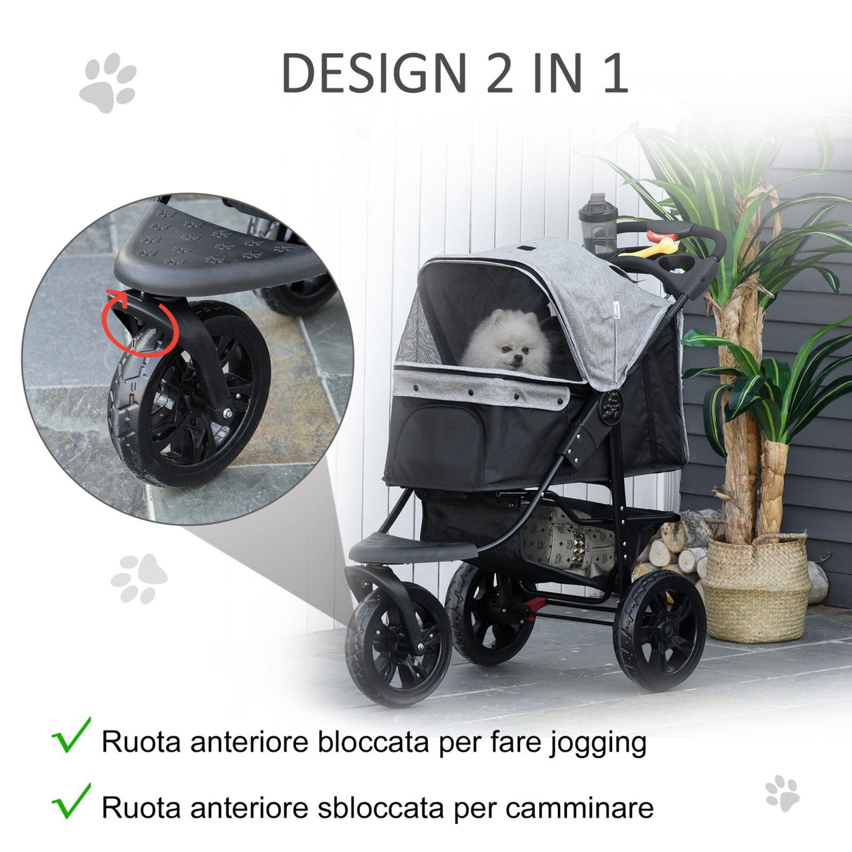 easycomfort passeggino per cani pieghevole a 3 ruote con freno cestino portaoggetti e porta bottiglia in acciaio e oxford grigio e nero 109.5x54.5x106.5cm