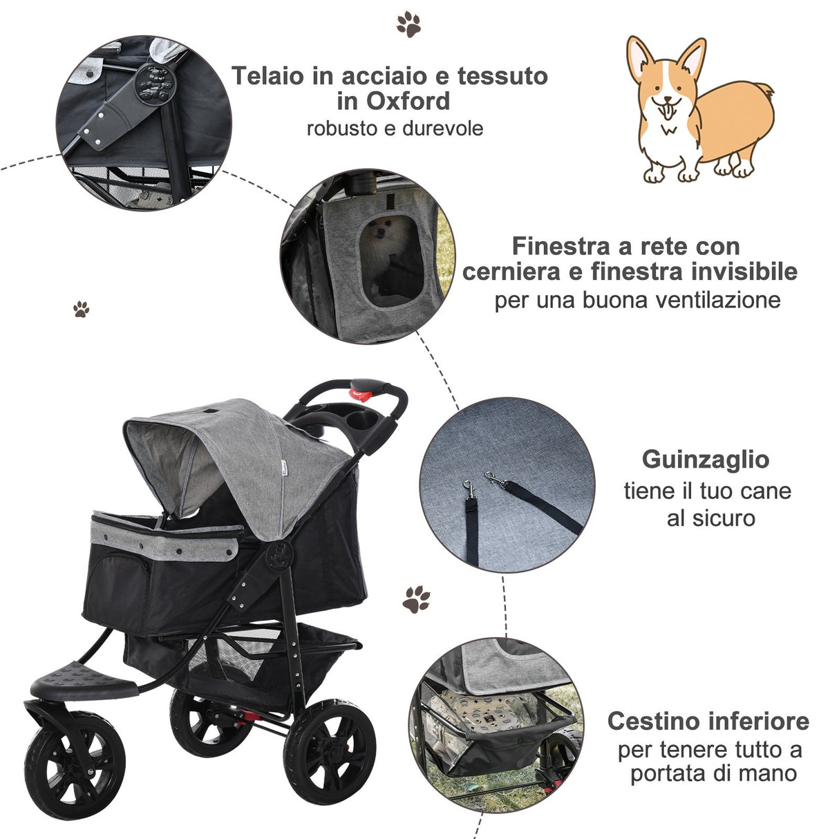 easycomfort passeggino per cani pieghevole a 3 ruote con freno cestino portaoggetti e porta bottiglia in acciaio e oxford grigio e nero 109.5x54.5x106.5cm