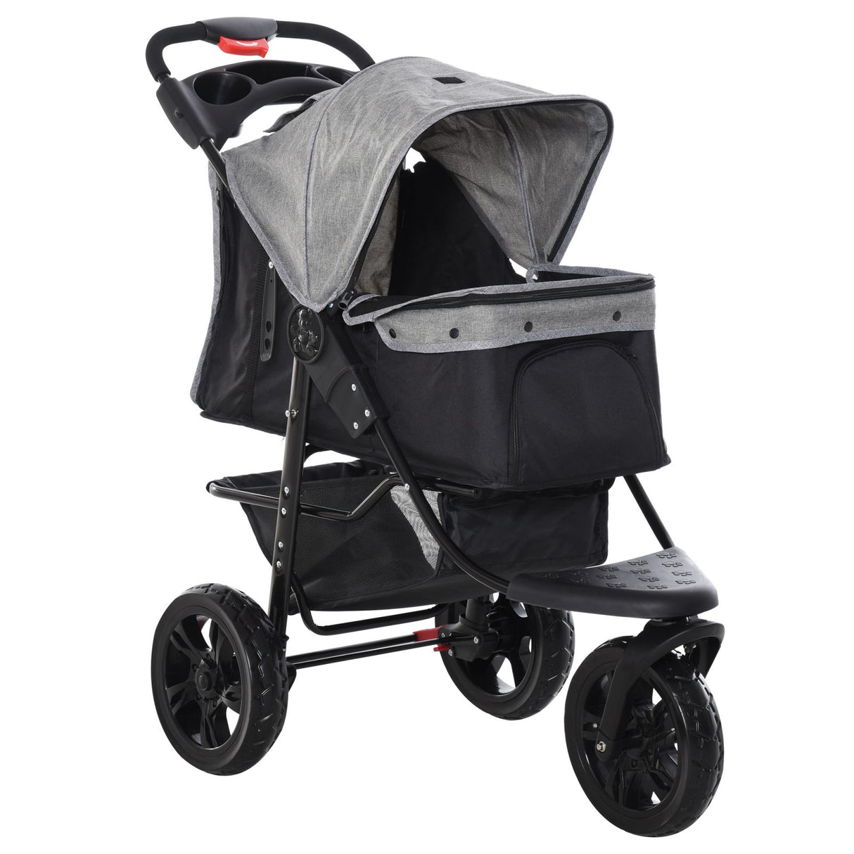 easycomfort passeggino per cani pieghevole a 3 ruote con freno cestino portaoggetti e porta bottiglia in acciaio e oxford grigio e nero 109.5x54.5x106.5cm