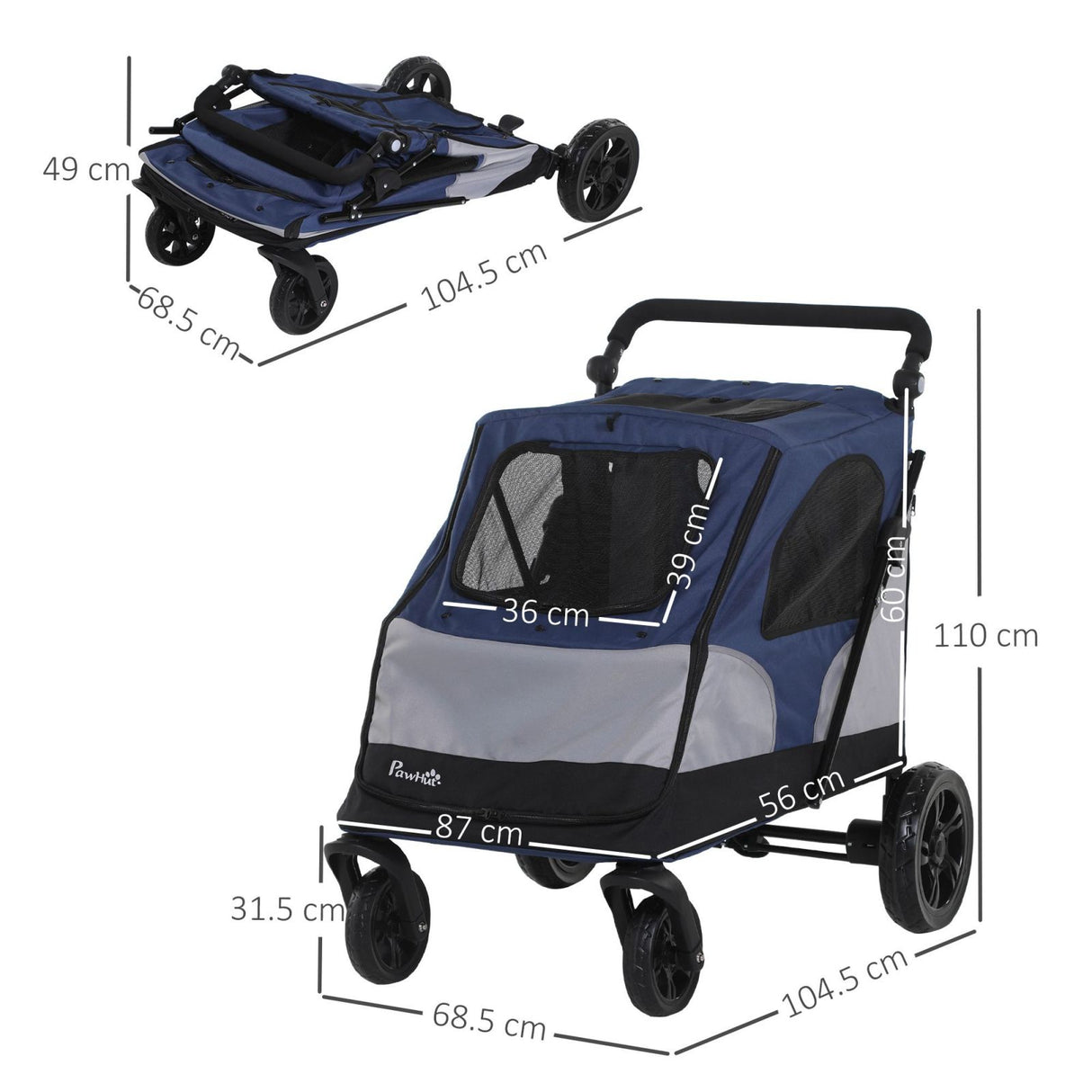 easycomfort passeggino per cani fino a 30kg pieghevole con manubrio regolabile grigio e blu