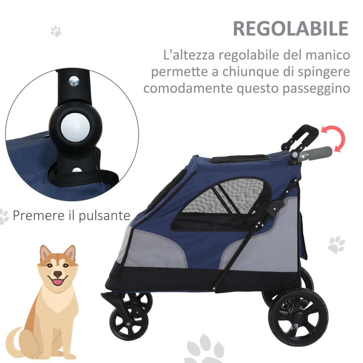 easycomfort passeggino per cani fino a 30kg pieghevole con manubrio regolabile grigio e blu