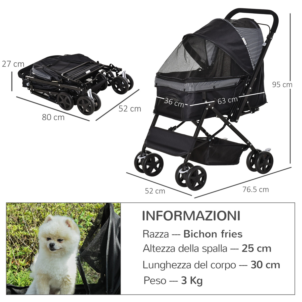 easycomfort passeggino per cani piccoli pieghevole con maniglione girevole ruote in eva e cestino portaoggetti nero