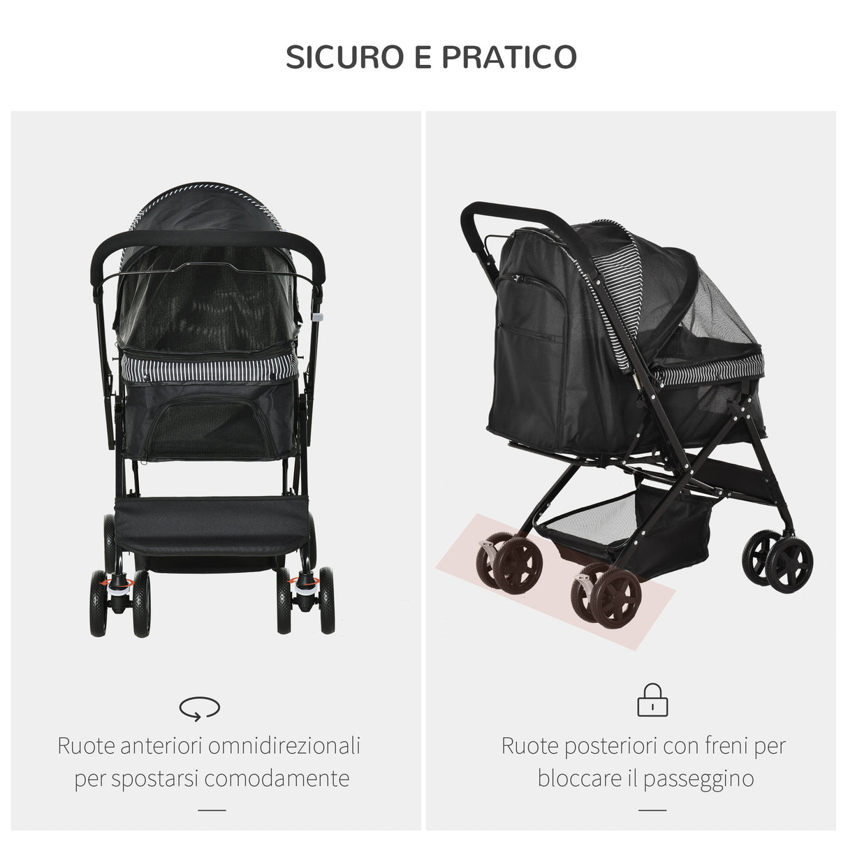 easycomfort passeggino per cani piccoli pieghevole con maniglione girevole ruote in eva e cestino portaoggetti nero
