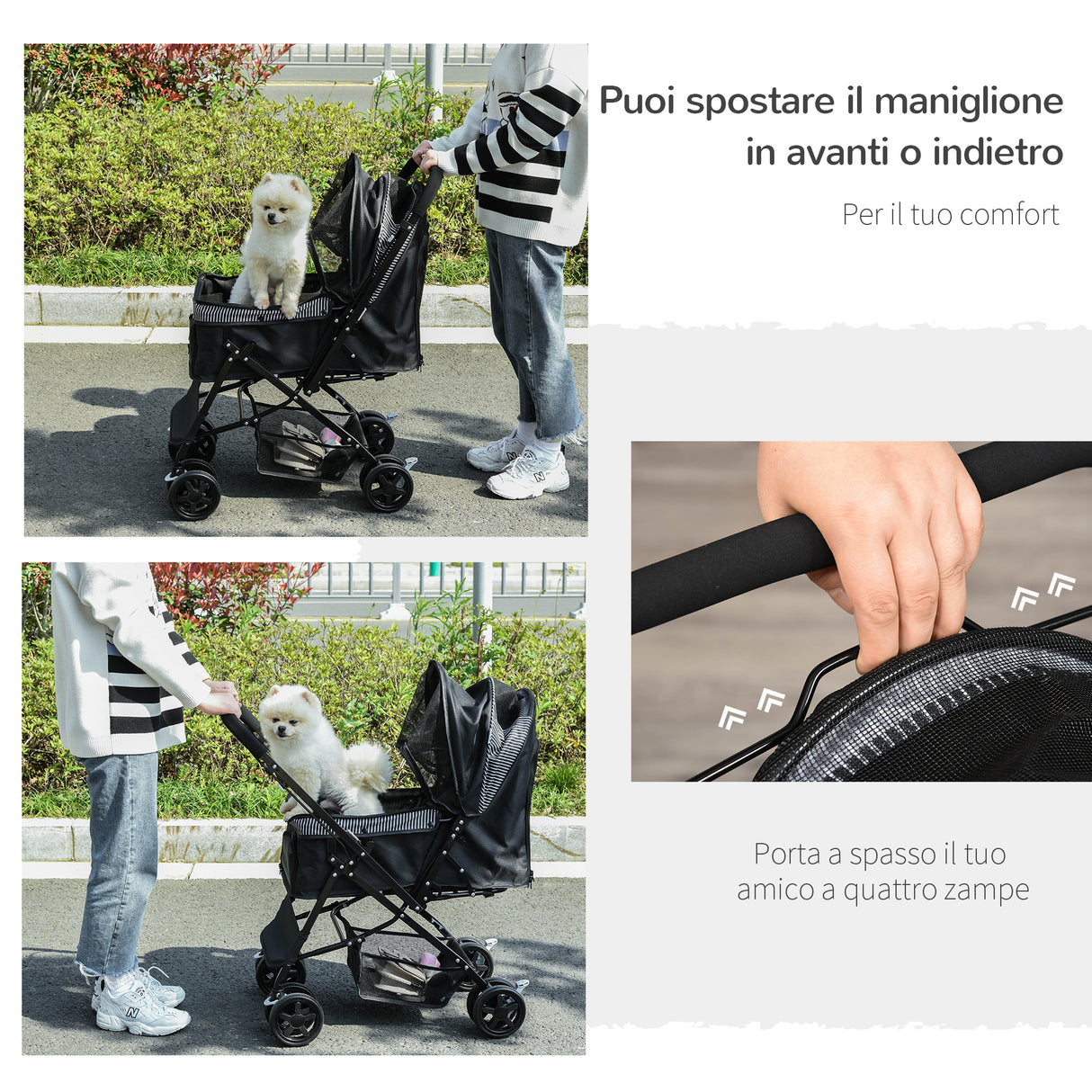 easycomfort passeggino per cani piccoli pieghevole con maniglione girevole ruote in eva e cestino portaoggetti nero