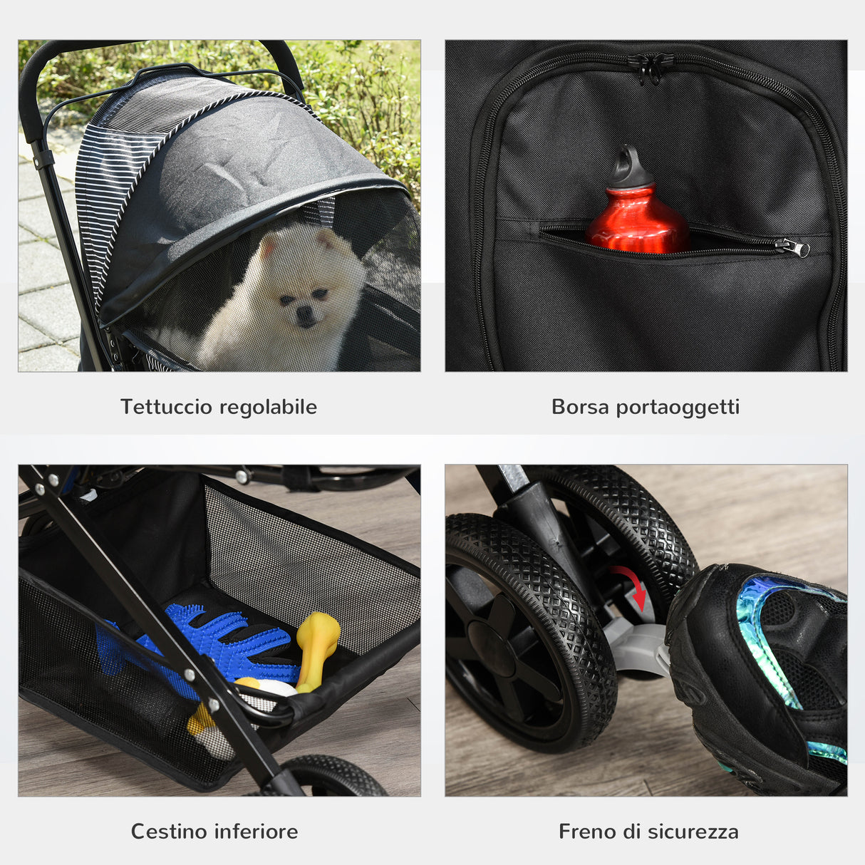 easycomfort passeggino per cani piccoli pieghevole con maniglione girevole ruote in eva e cestino portaoggetti nero