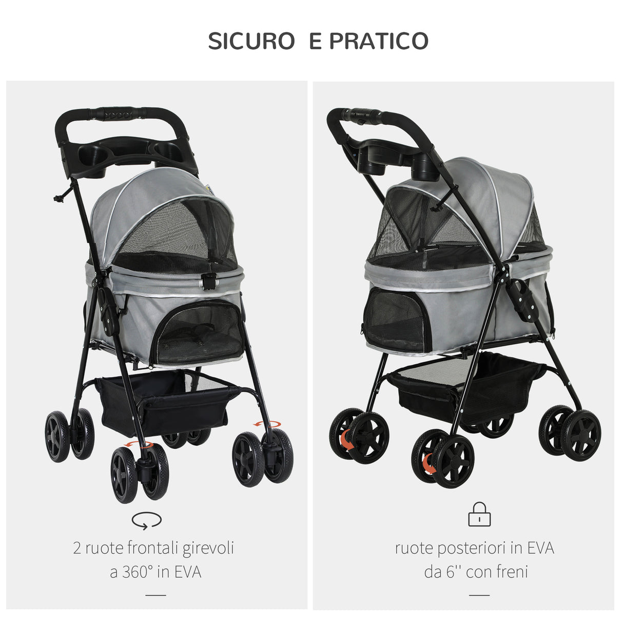 easycomfort passeggino per cani piccoli pieghevole con guinzaglio di sicurezza e cestino portaoggetti grigio
