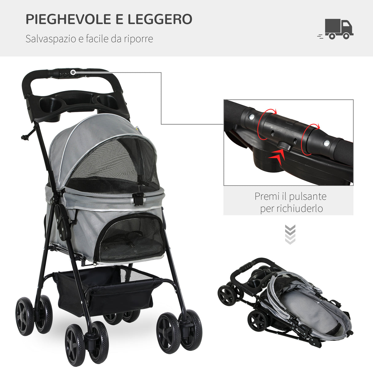 easycomfort passeggino per cani piccoli pieghevole con guinzaglio di sicurezza e cestino portaoggetti grigio