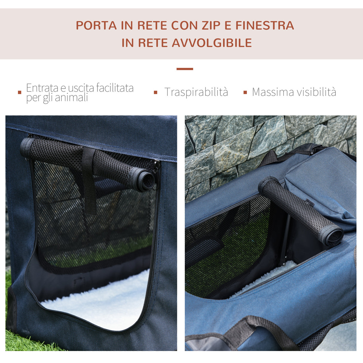 easycomfort borsa per cani a 3 ingressi con cuscino e sacche portaoggetti in tessuto oxford blu e metallo 70x51x50 cm