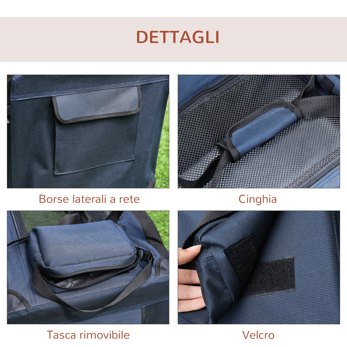 easycomfort borsa per cani a 3 ingressi con cuscino e sacche portaoggetti in tessuto oxford blu e metallo 70x51x50 cm