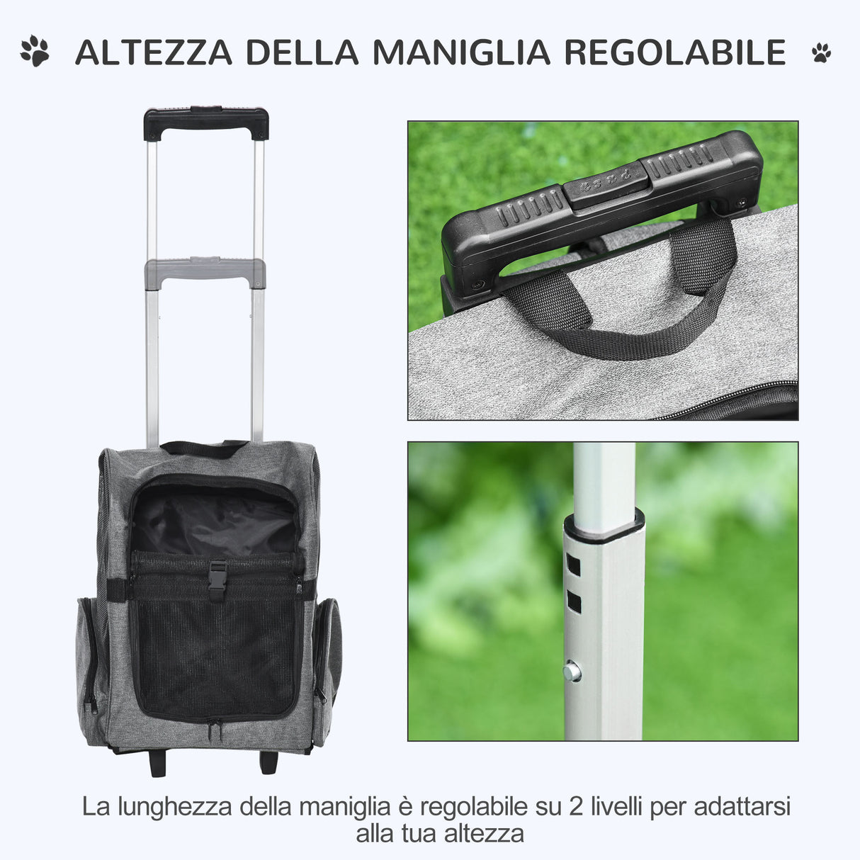 easycomfort trasportino zaino per cani e gatti con tasche laterali maniglia telescopica e ruote 42x25x55cm grigio