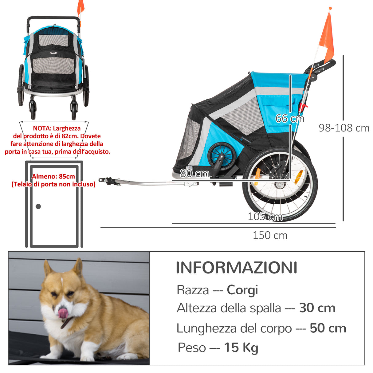easycomfort carrello trasporto cani sotto i 30kg con 2 ingressi finestre a rete e tetto apribile 150x82x98 108cm