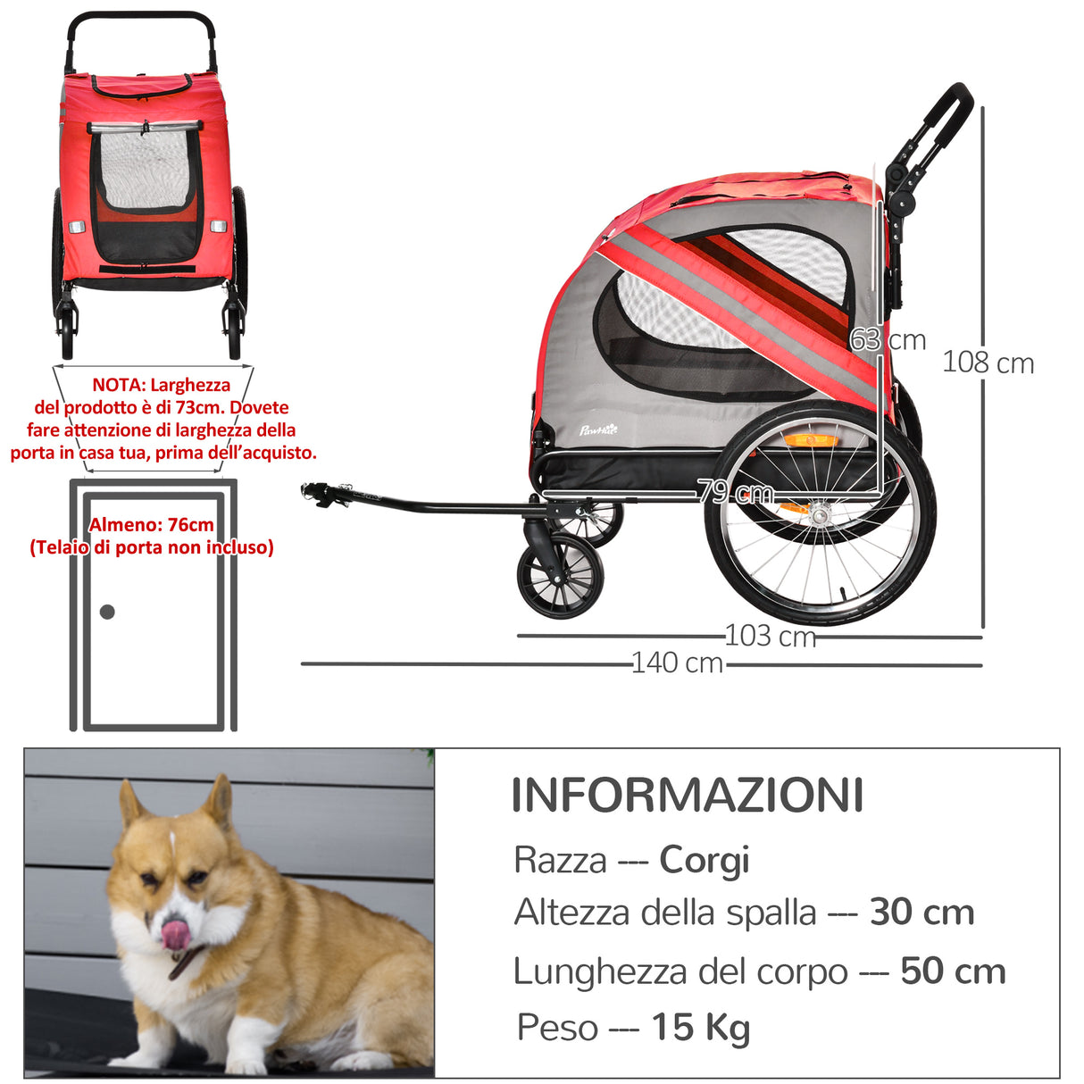 easycomfort rimorchio cani con ingresso a cerniera ruote e bandiera in acciaio e tessuto oxford rosso argento nero