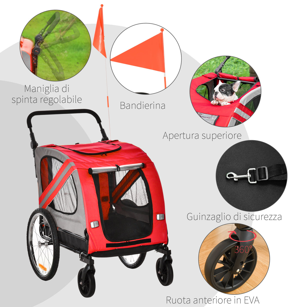 easycomfort rimorchio cani con ingresso a cerniera ruote e bandiera in acciaio e tessuto oxford rosso argento nero