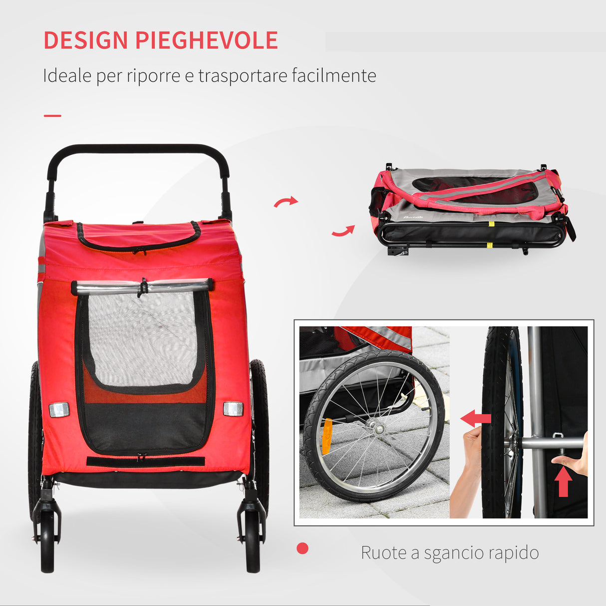 easycomfort rimorchio cani con ingresso a cerniera ruote e bandiera in acciaio e tessuto oxford rosso argento nero
