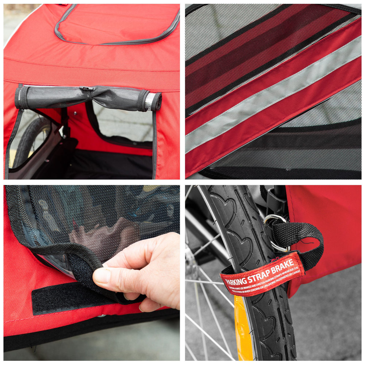 easycomfort rimorchio cani con ingresso a cerniera ruote e bandiera in acciaio e tessuto oxford rosso argento nero