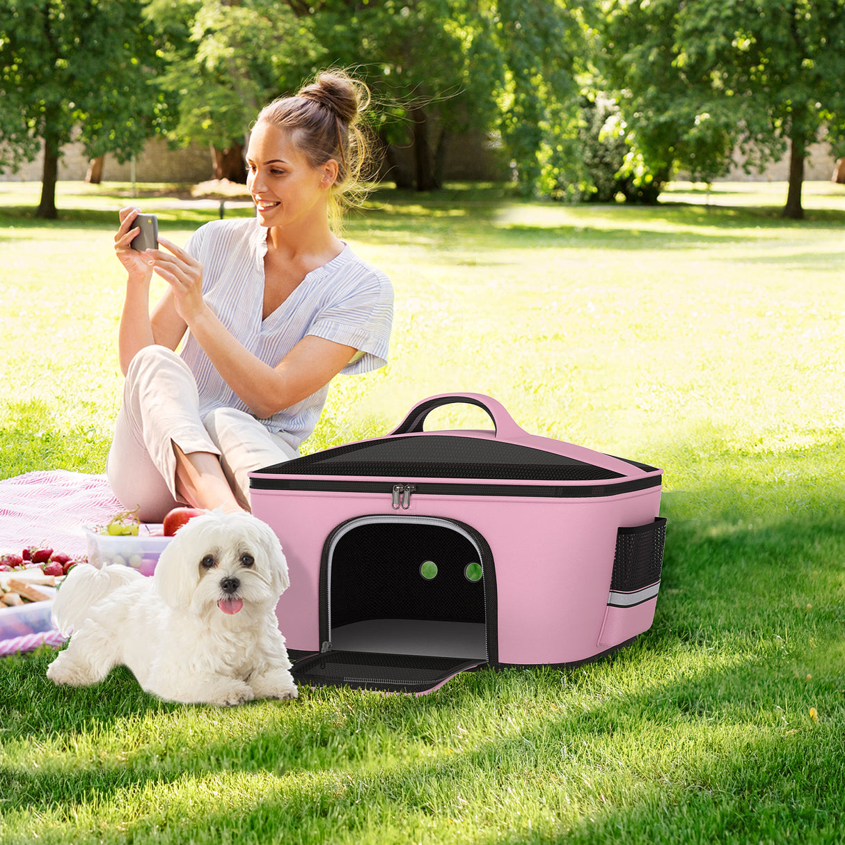 easycomfort borsa trasportino per cani e gatti con 2 porte a cerniera 50x35x36cm rosa