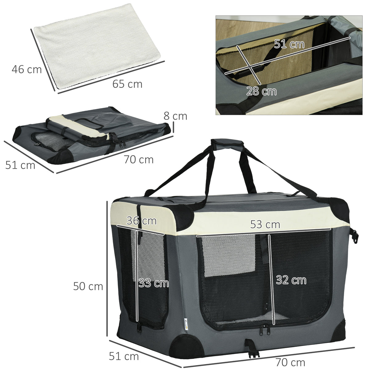 easycomfort trasportino per cani e gatti fino 4kg pieghevole con 3 aperture e cuscino 70x51x50cm grigio