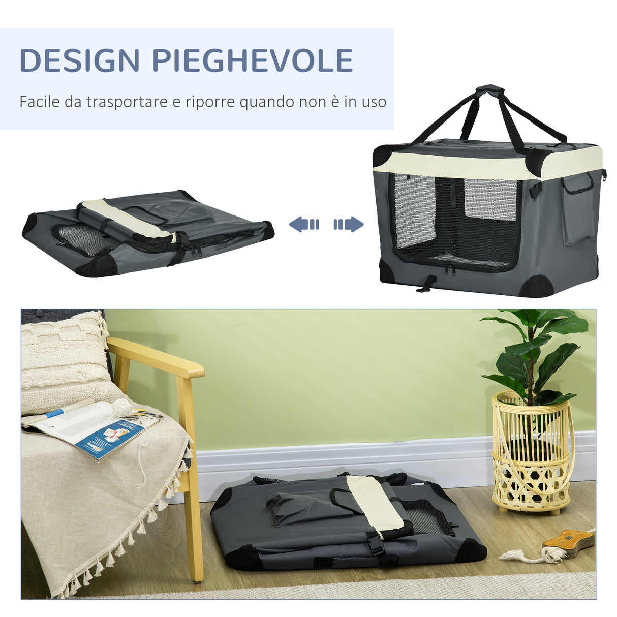 easycomfort trasportino per cani e gatti fino 4kg pieghevole con 3 aperture e cuscino 70x51x50cm grigio