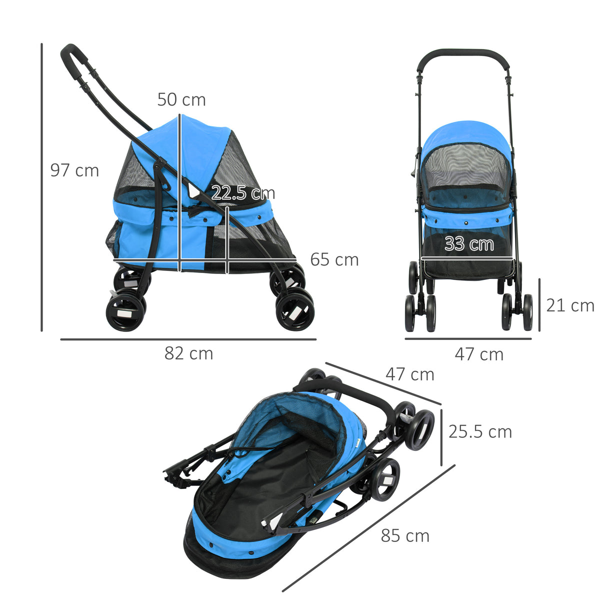 easycomfort passeggino per cani pieghevole con tettuccio regolabile e ruote girevoli 82x47x97cm blu