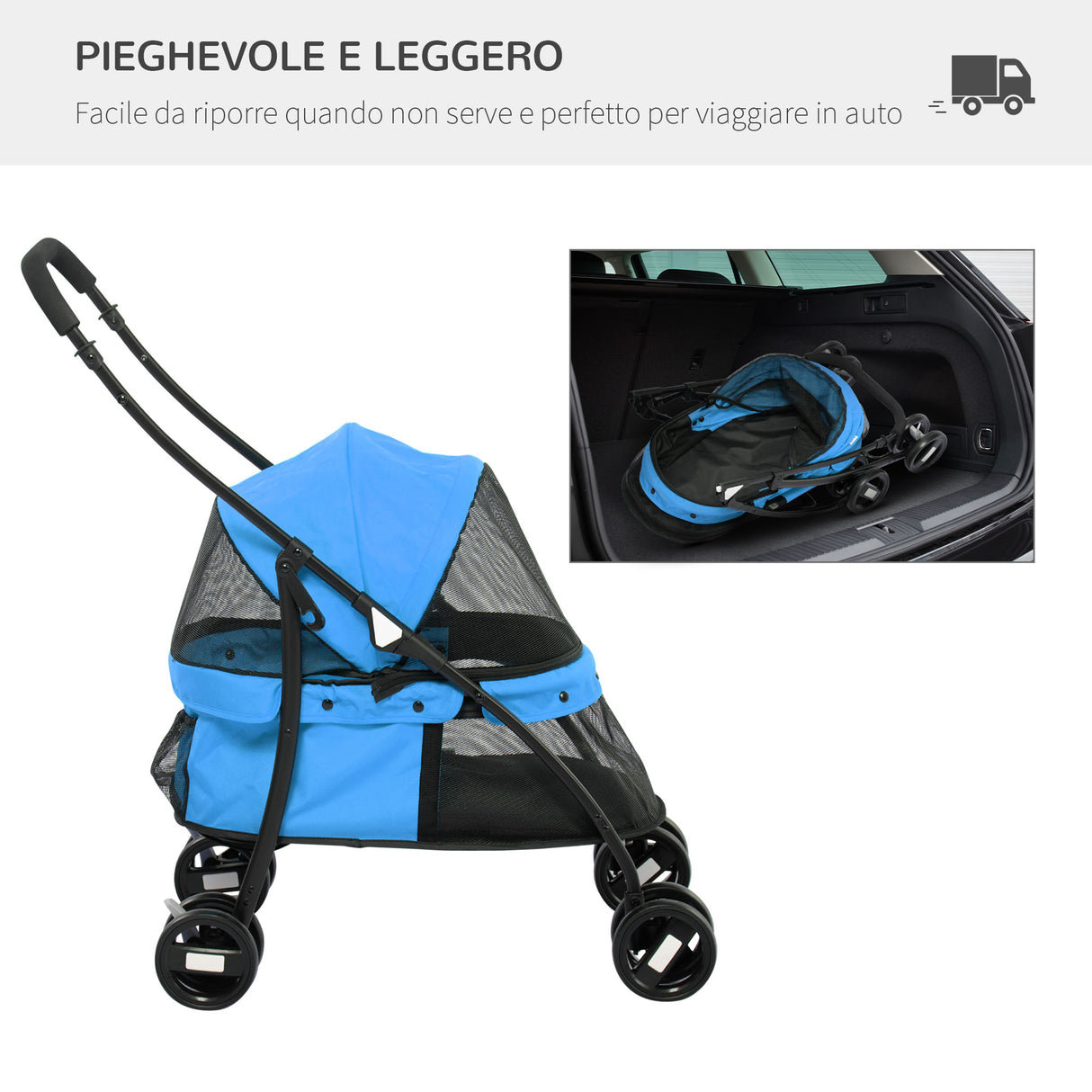 easycomfort passeggino per cani pieghevole con tettuccio regolabile e ruote girevoli 82x47x97cm blu