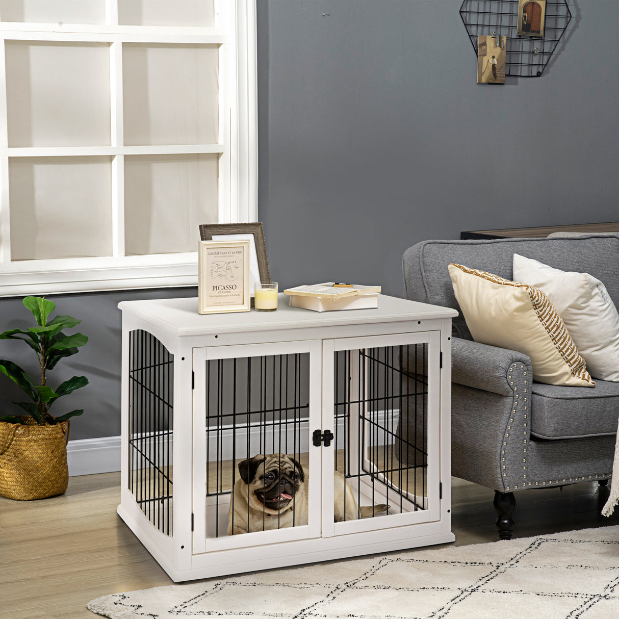 easycomfort casetta per cani fino 30kg da interno in legno e acciaio 58.5x81x 66cm bianco