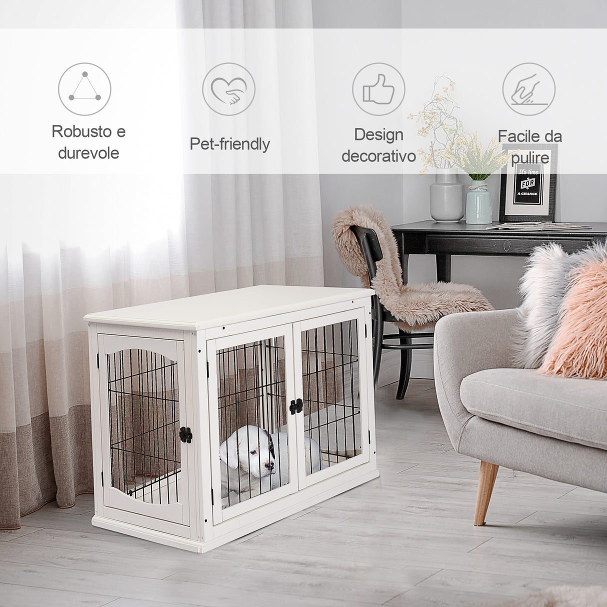 easycomfort casetta per cani fino 30kg da interno in legno e acciaio 58.5x81x 66cm bianco