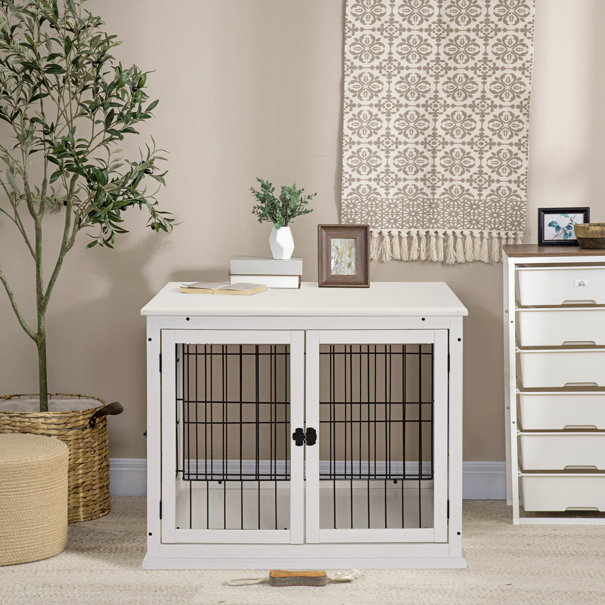 easycomfort casetta per cani fino 30kg da interno in legno e acciaio 58.5x81x 66cm bianco