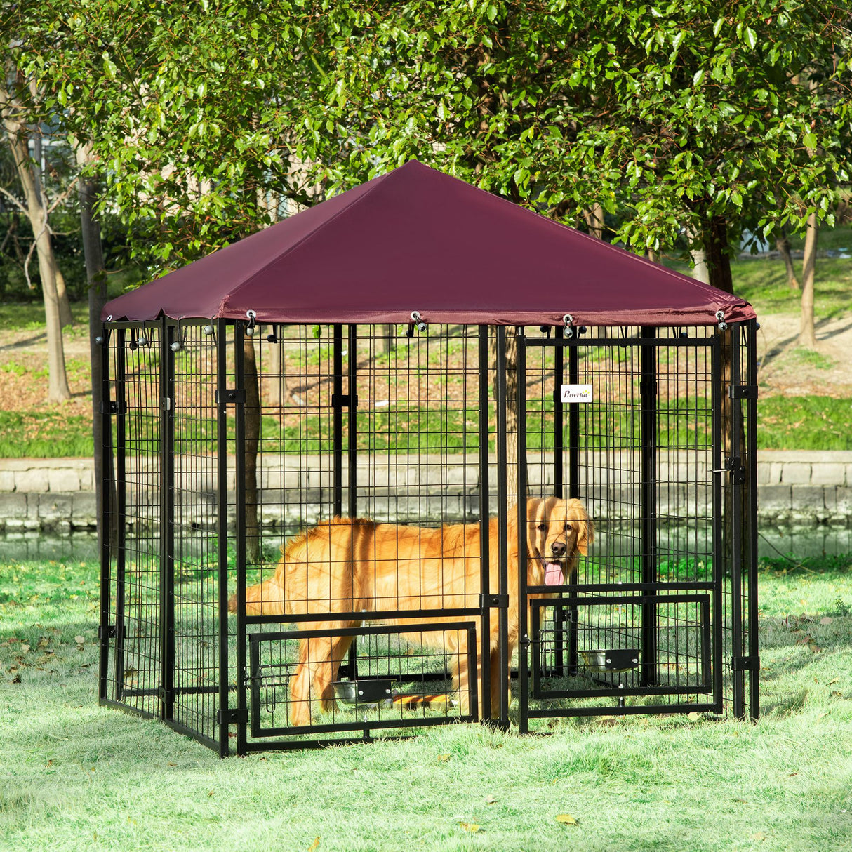 easycomfort easycomfort recinto per cani da esterno con serratura 2 ciotole girevoli e copertura rimovibile nero e rosso