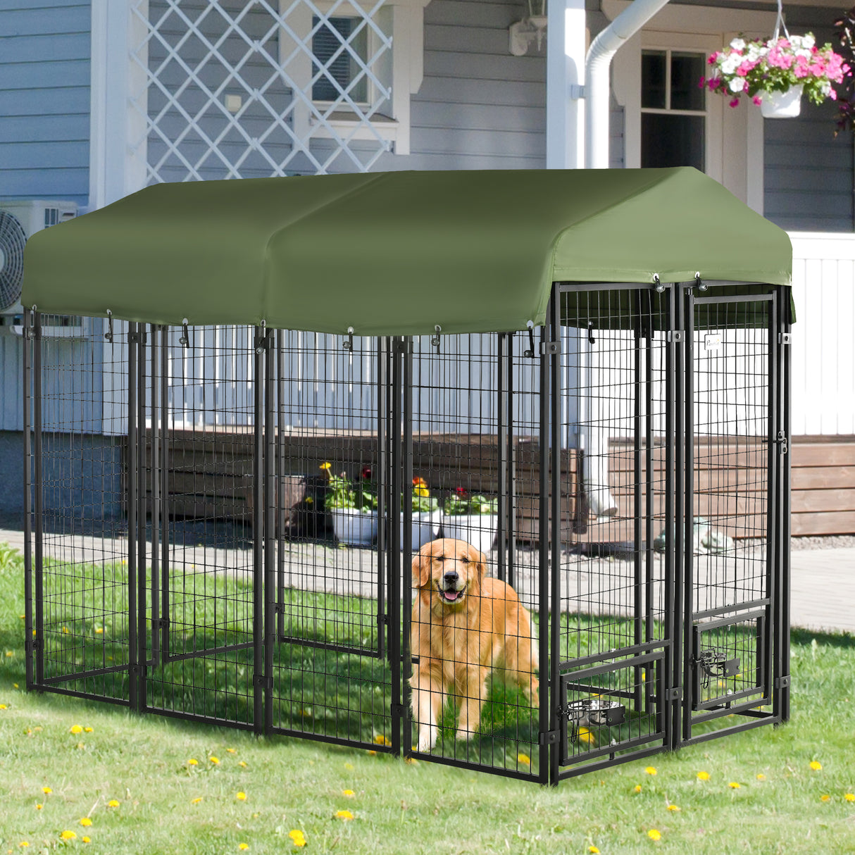 easycomfort kennel per cani in acciaio per interni ed esterni con tettuccio in tessuto oxford e 2 ciotole 244x122x183 cm