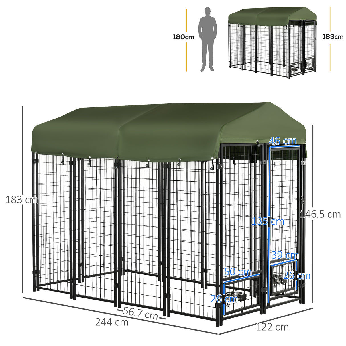 easycomfort kennel per cani in acciaio per interni ed esterni con tettuccio in tessuto oxford e 2 ciotole 244x122x183 cm