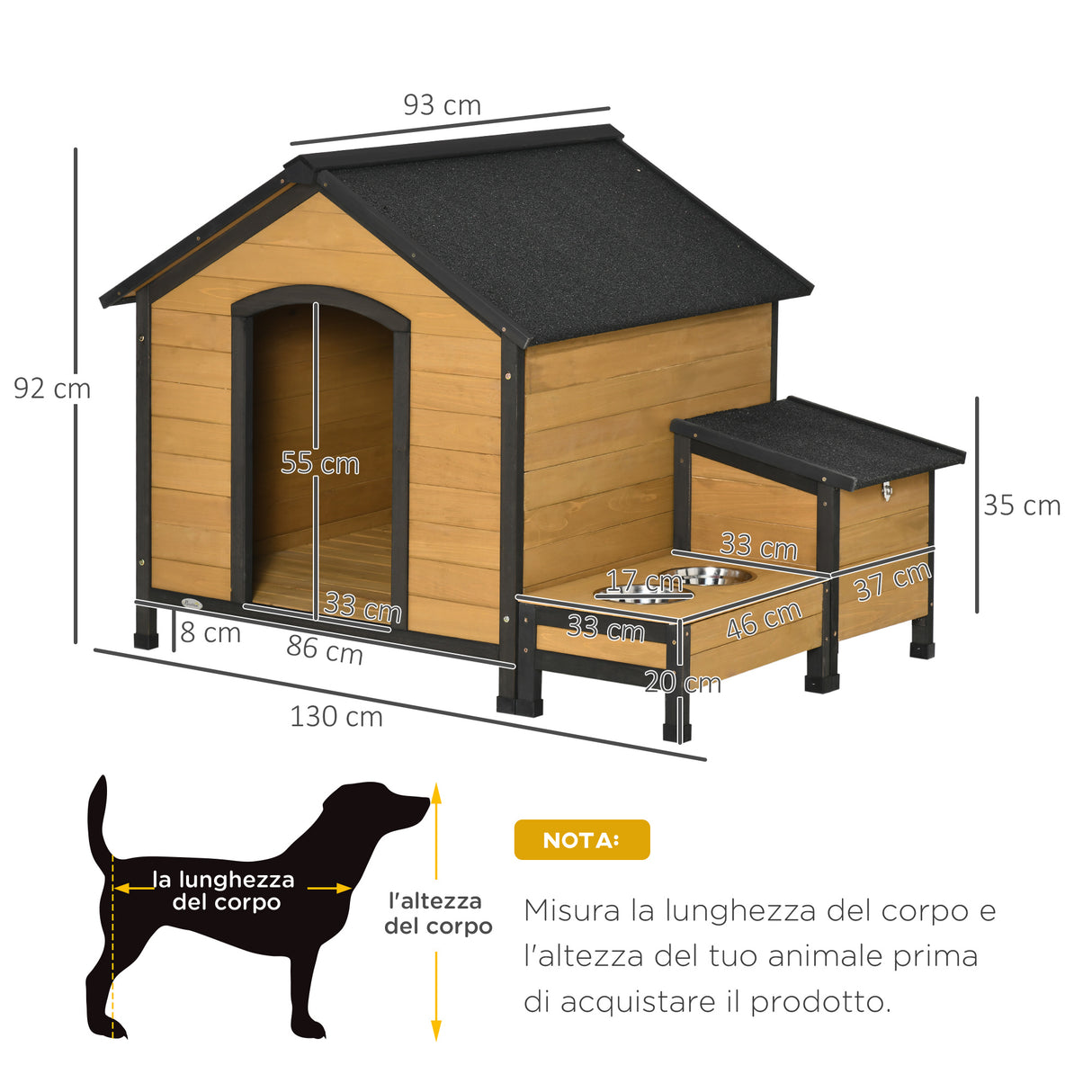 easycomfort cuccia per cani taglia media con 2 porta ciotole box esterno e tetto in bitume 130x93x92cm