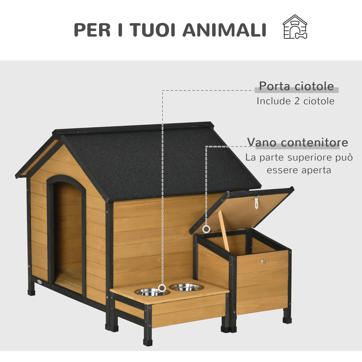 easycomfort cuccia per cani taglia media con 2 porta ciotole box esterno e tetto in bitume 130x93x92cm