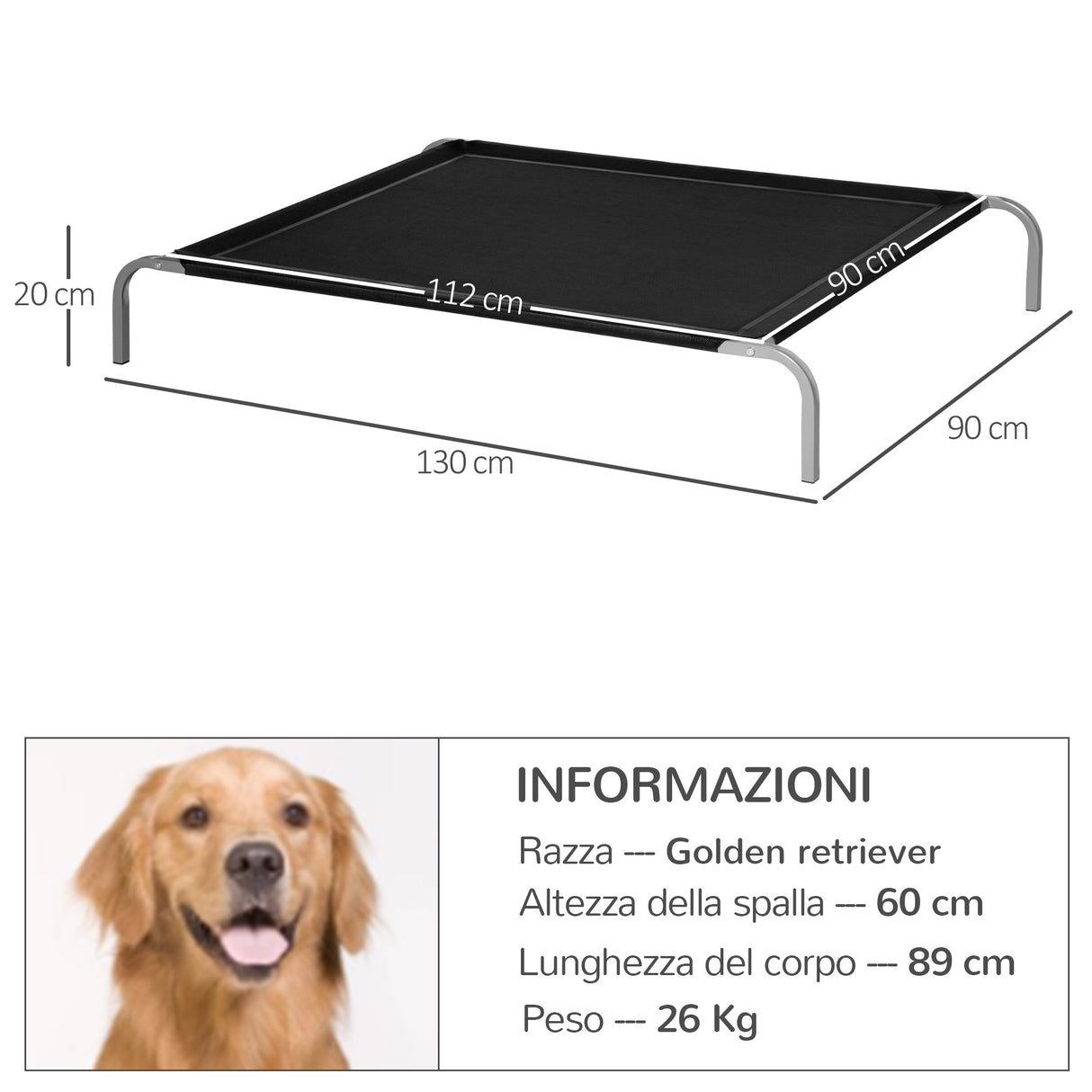 easycomfort lettino per cani da interno ed esterno capacita fino a 32kg con tessuto traspirante 130x90x20cm nero