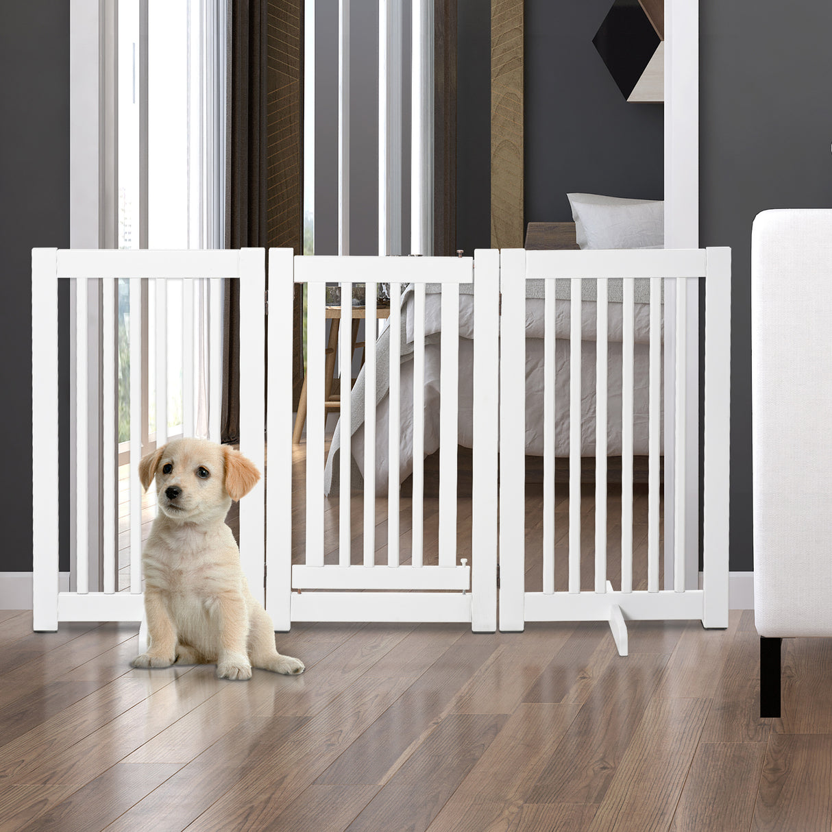easycomfort cancellino per cani pieghevole a 3 pannelli porta centrale con blocco struttura in mdf 155x76cm bianco