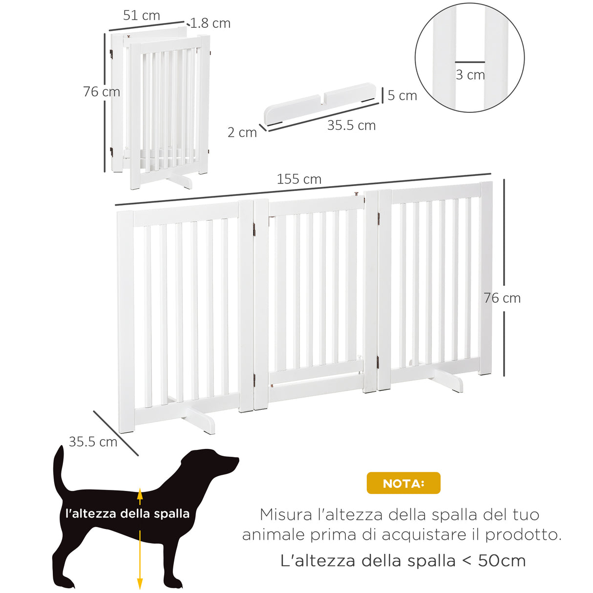 easycomfort cancellino per cani pieghevole a 3 pannelli porta centrale con blocco struttura in mdf 155x76cm bianco