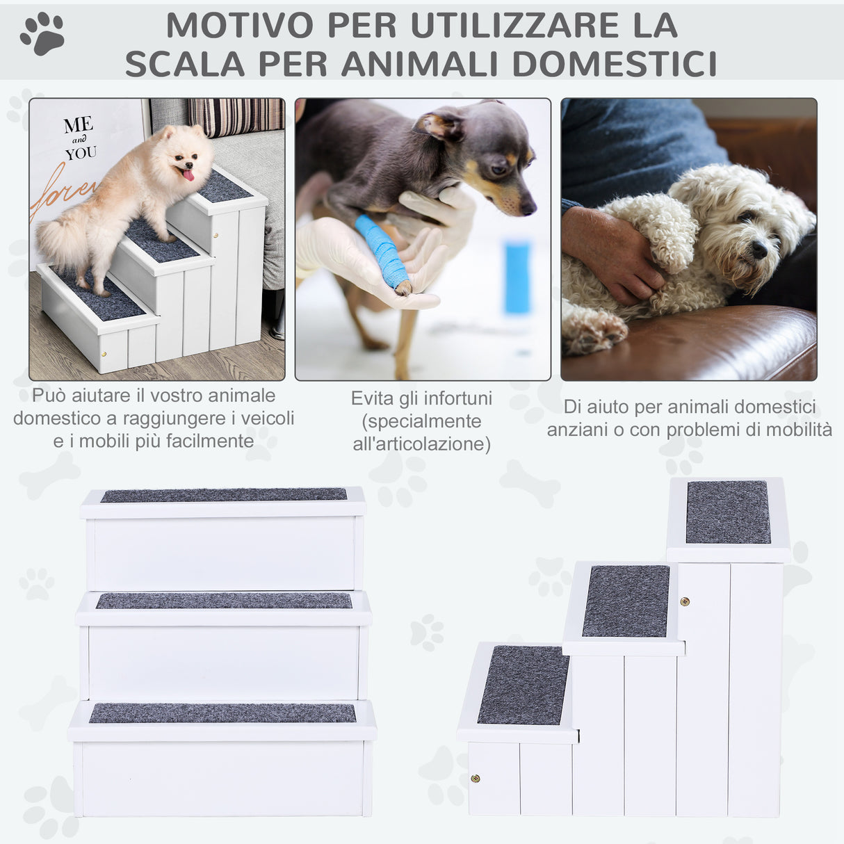 easycomfort scaletta per cani a 3 gradini con tappeto antiscivolo e spazio interno 40.5x44.5x38cm bianco