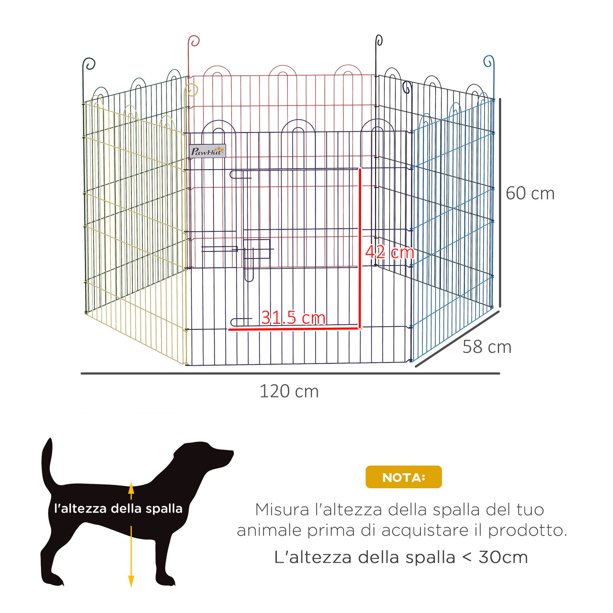 easycomfort cancellino per cani a 6 pannelli in metallo con chiusura a scatto o120x60 cm multicolore
